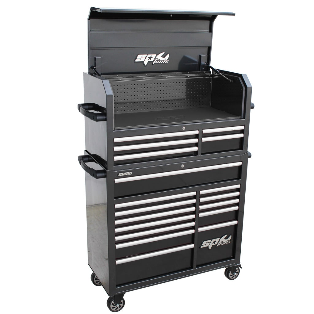 SUMO SERIES POWER HUTCH TOOL BOX - 18 DRAWER - BLACK/CHROME HANDLES